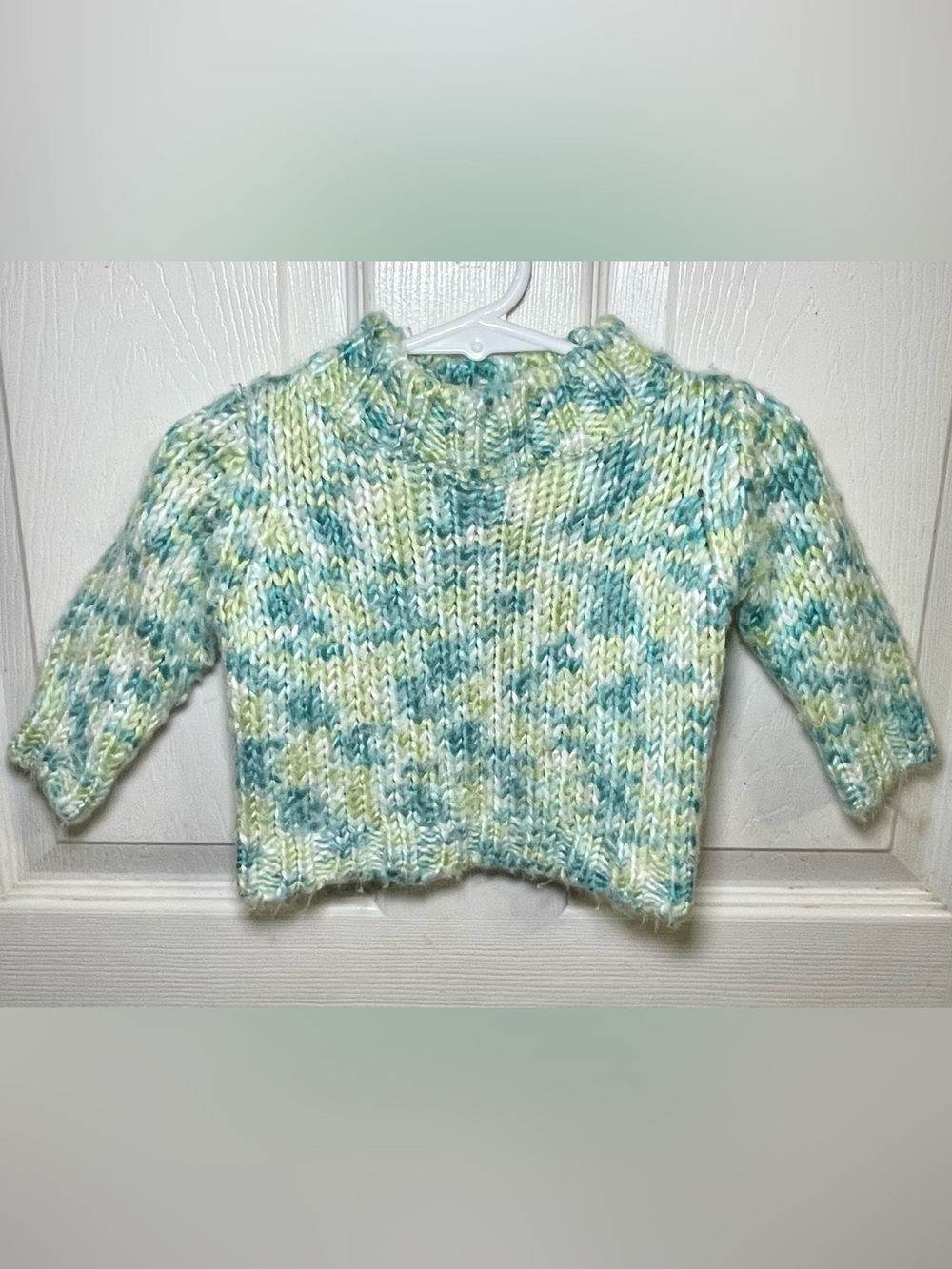 Vintage Old Navy Baby 6-12M Hand Knit Look Chunky Sweater Green Blue Y2K